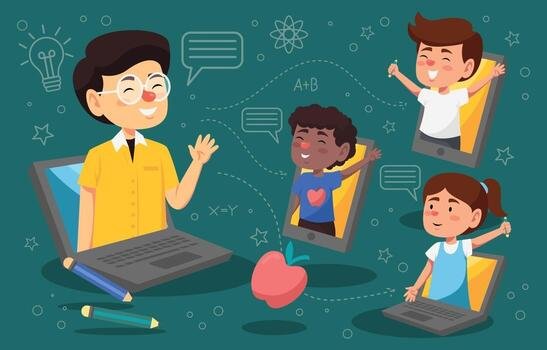 online school study with teachers and friends free vector